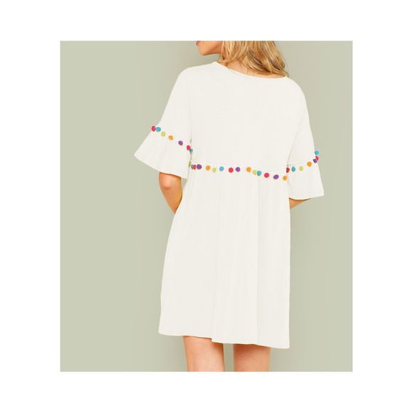 White Pom Pom Short Sleeve Casual Shift Sundress - Picture 3 of 6